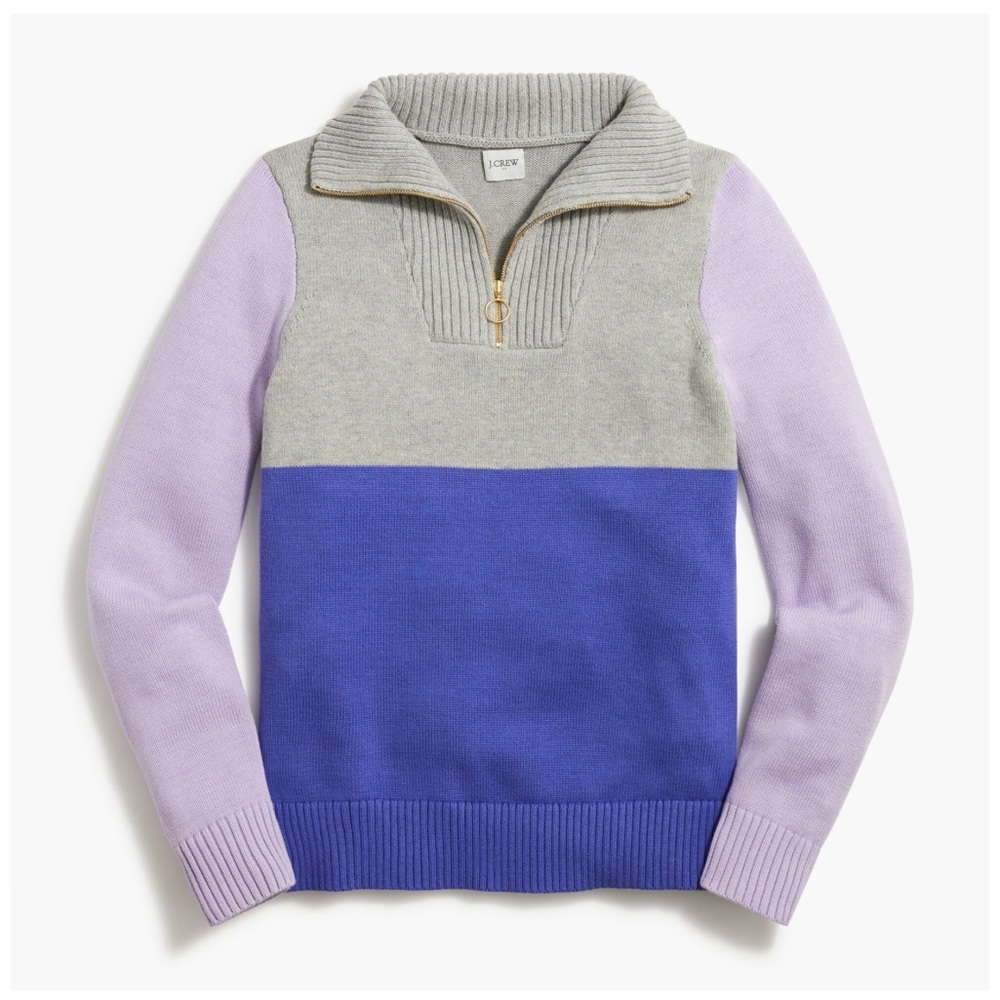 J.Crew Colorblock Cotton Zip Sweater, gray/lilac/purple, size Small.